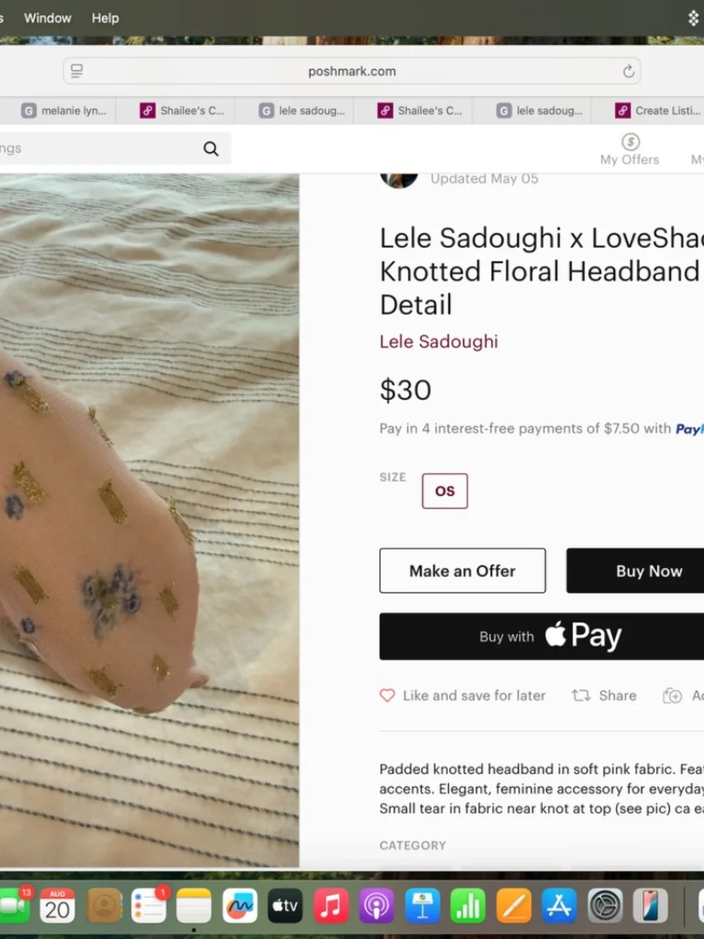 Like new Rare Lele Sadoughi padded headband in soft lavender and white gingham.